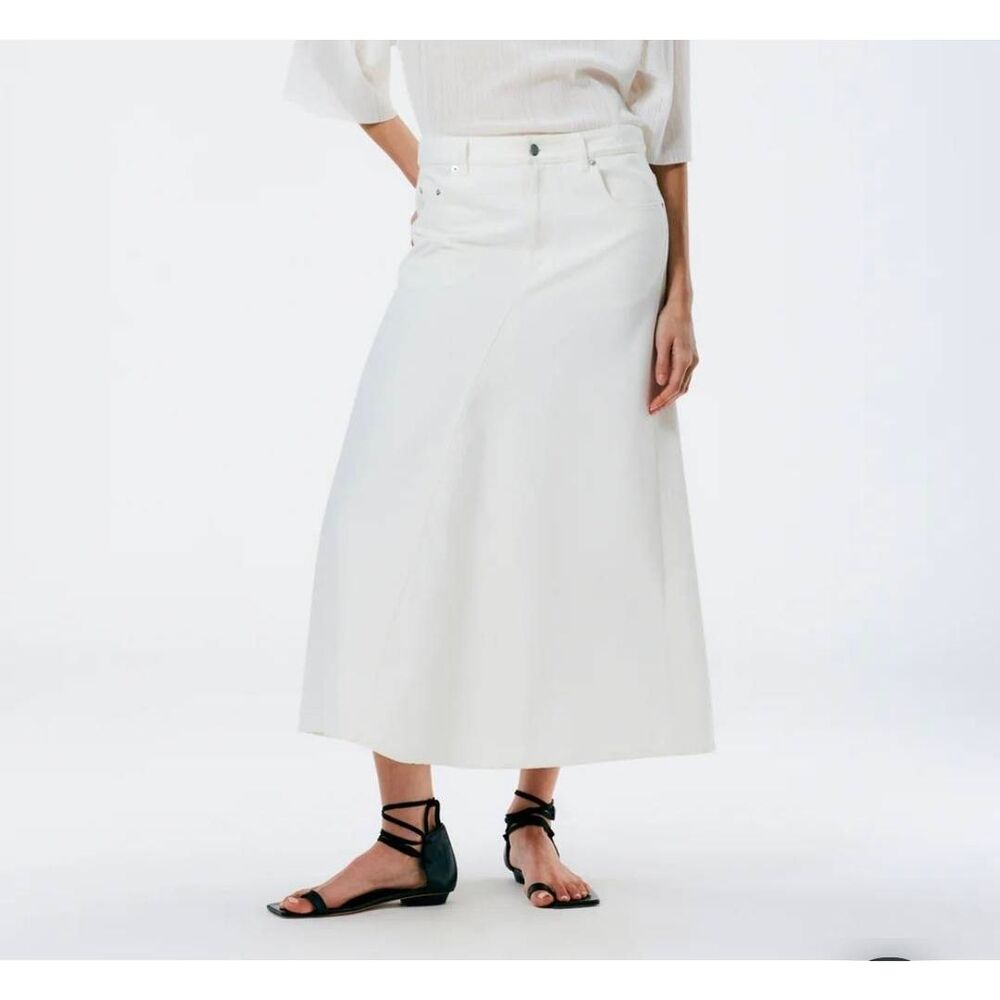 Tibi White Denim Godet Midi Skirt Size 30